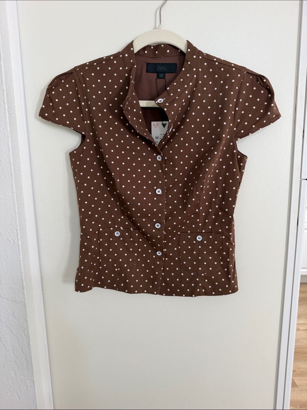 NWT Zara Brown Polka Dot Short Sleeve Button-Up Blouse | M